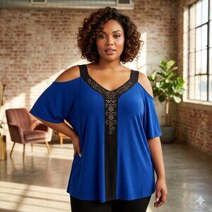 Liz McCoy Cold-Shoulder Embellished Top- Royall Blue & Black- 1X